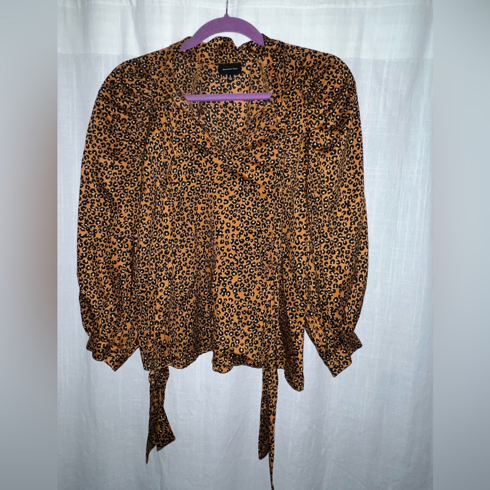 Who What Wear Baby Leopard Print Tie Neck Quarter Sleeve Blouse Size Small